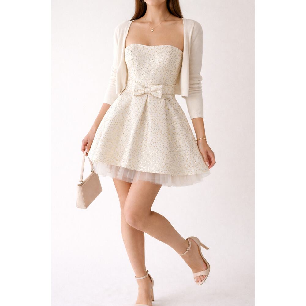 Betsey Johnson Strapless Gold Dot Fit Flare Bow‎ Party Cocktail Mini Dress 0